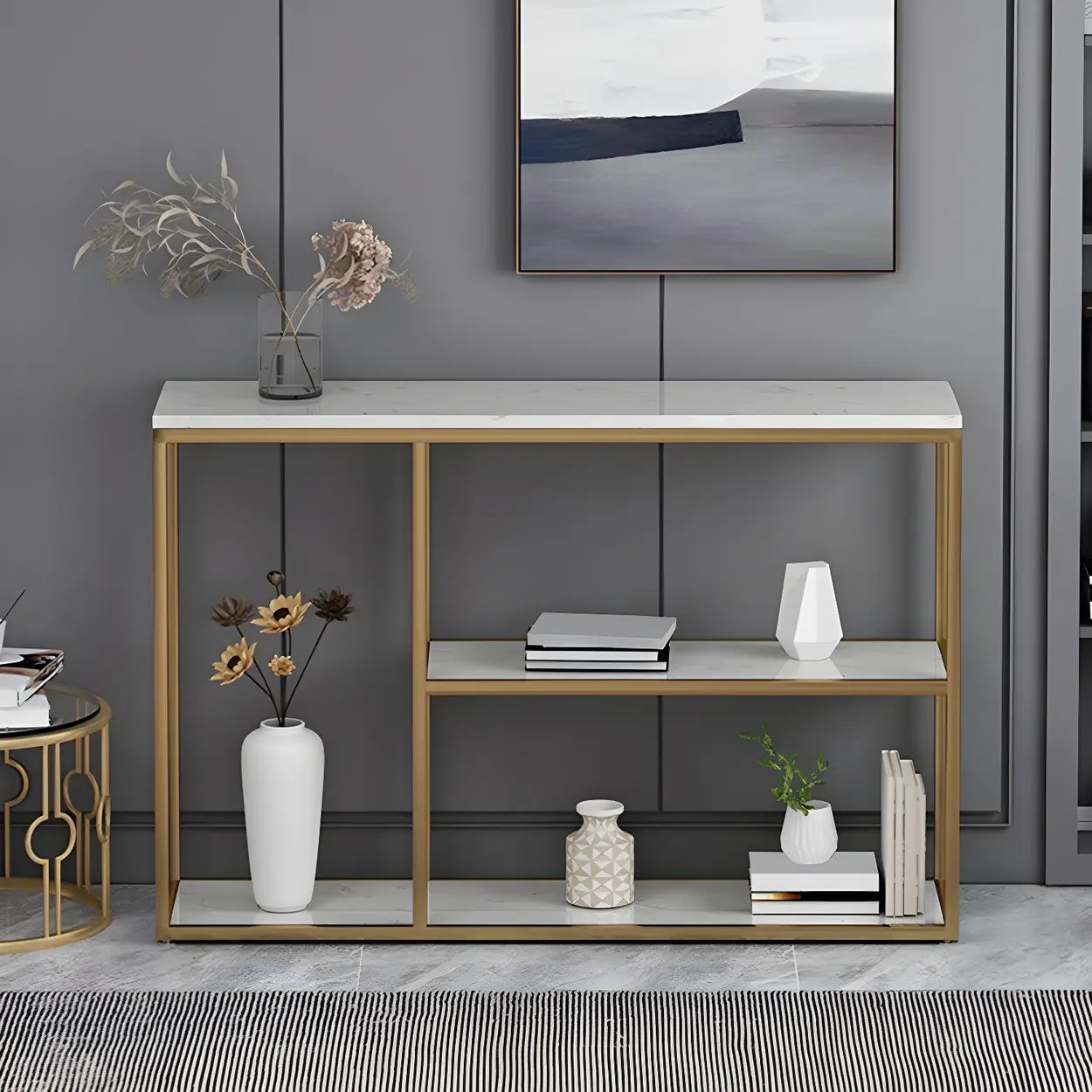 Rectangular Gold Marble Slim Console Table — Gold / White