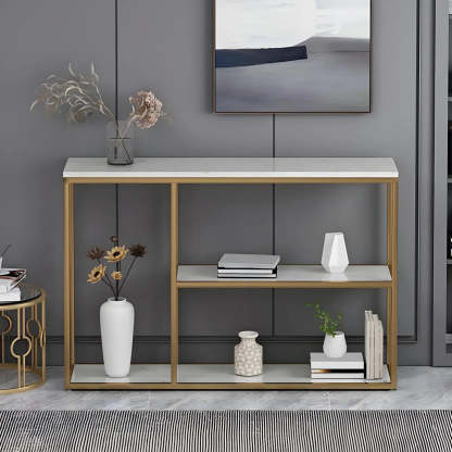 Rectangular Gold Marble Slim Console Table — Gold / White