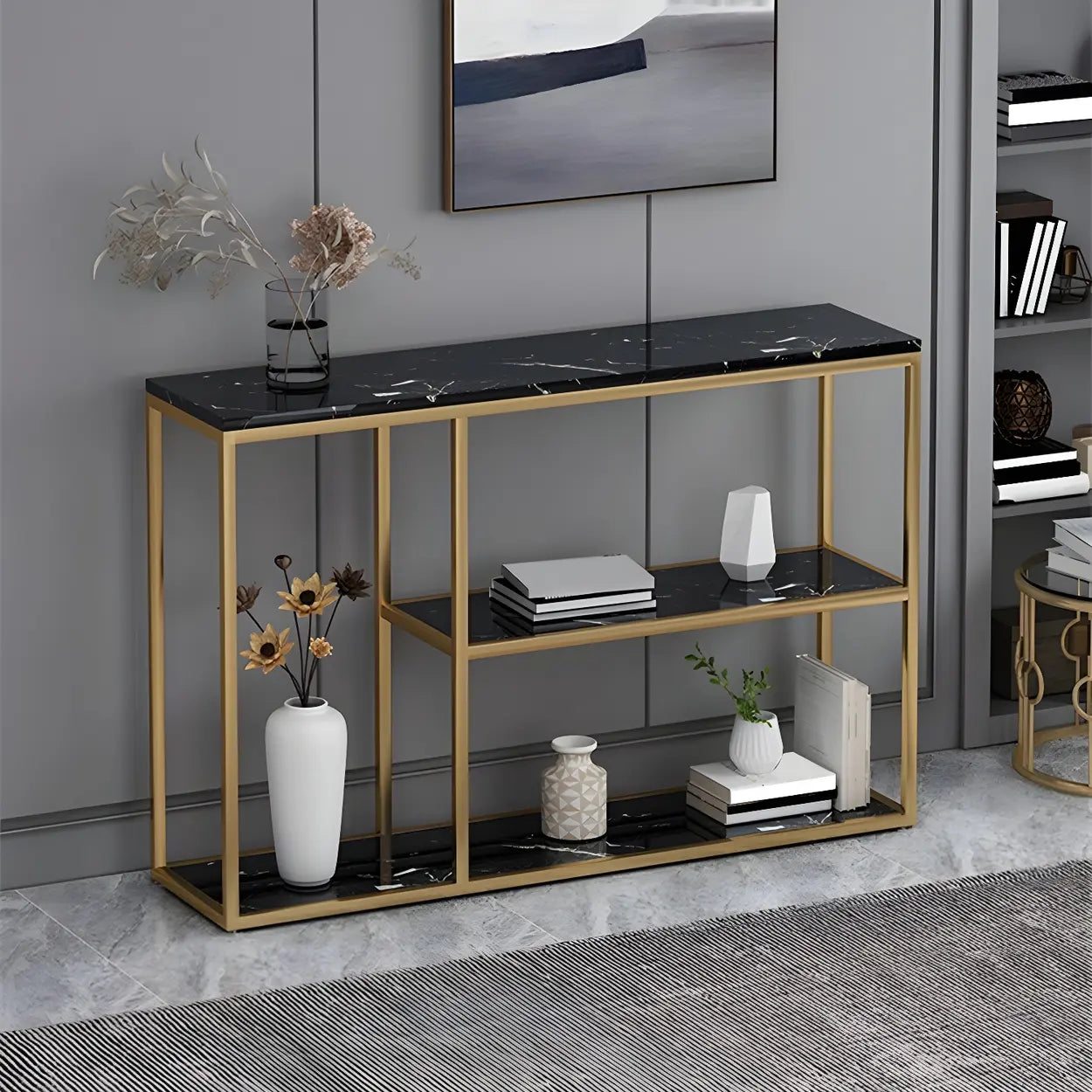 Rectangular Gold Marble Slim Console Table — Gold / Black
