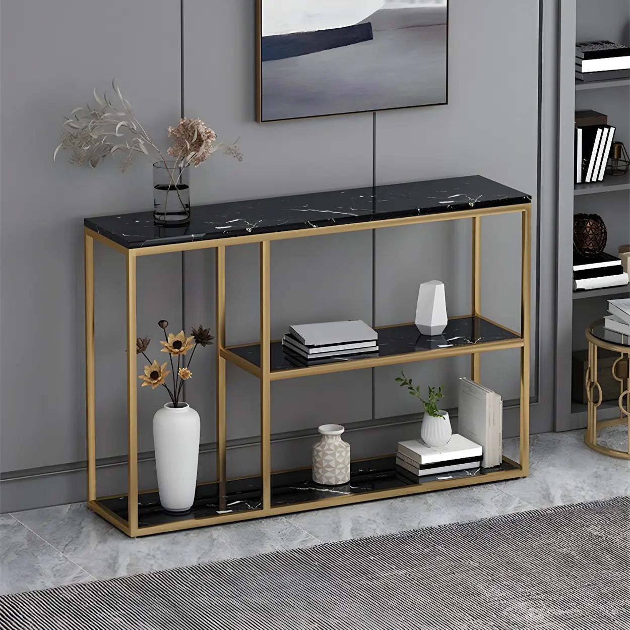 Rectangular Gold Marble Slim Console Table — Gold / Black