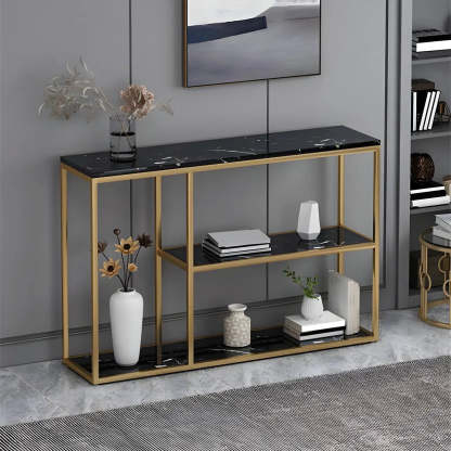 Rectangular Gold Marble Slim Console Table — Gold / Black