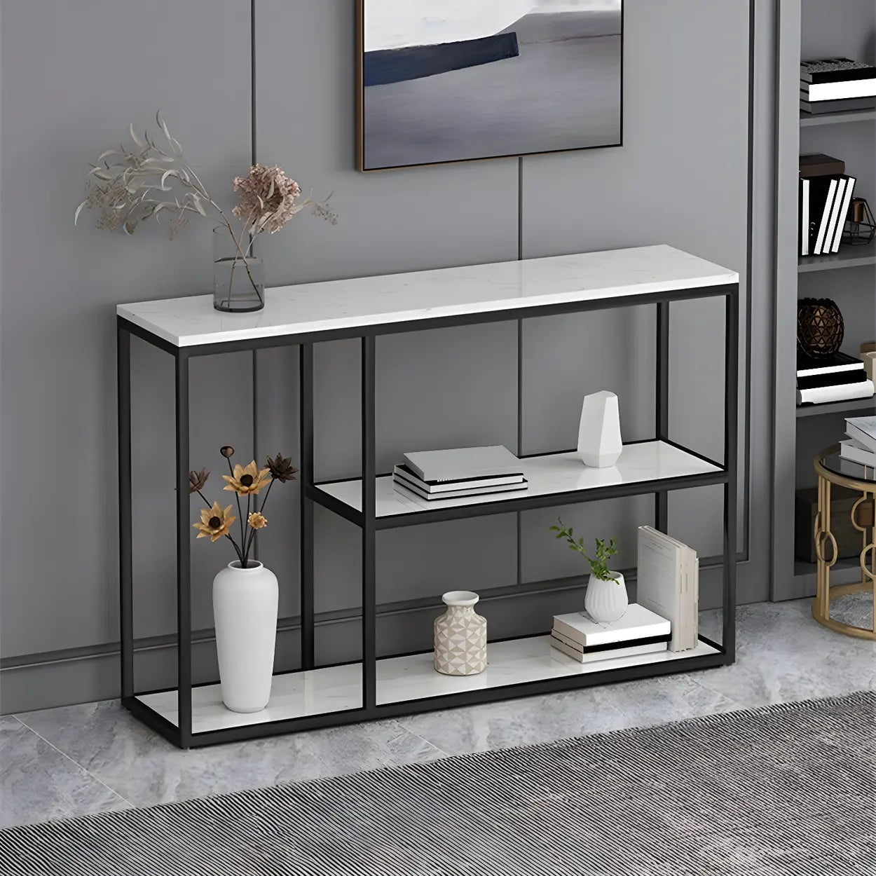 Rectangular Gold Marble Slim Console Table — Black / White