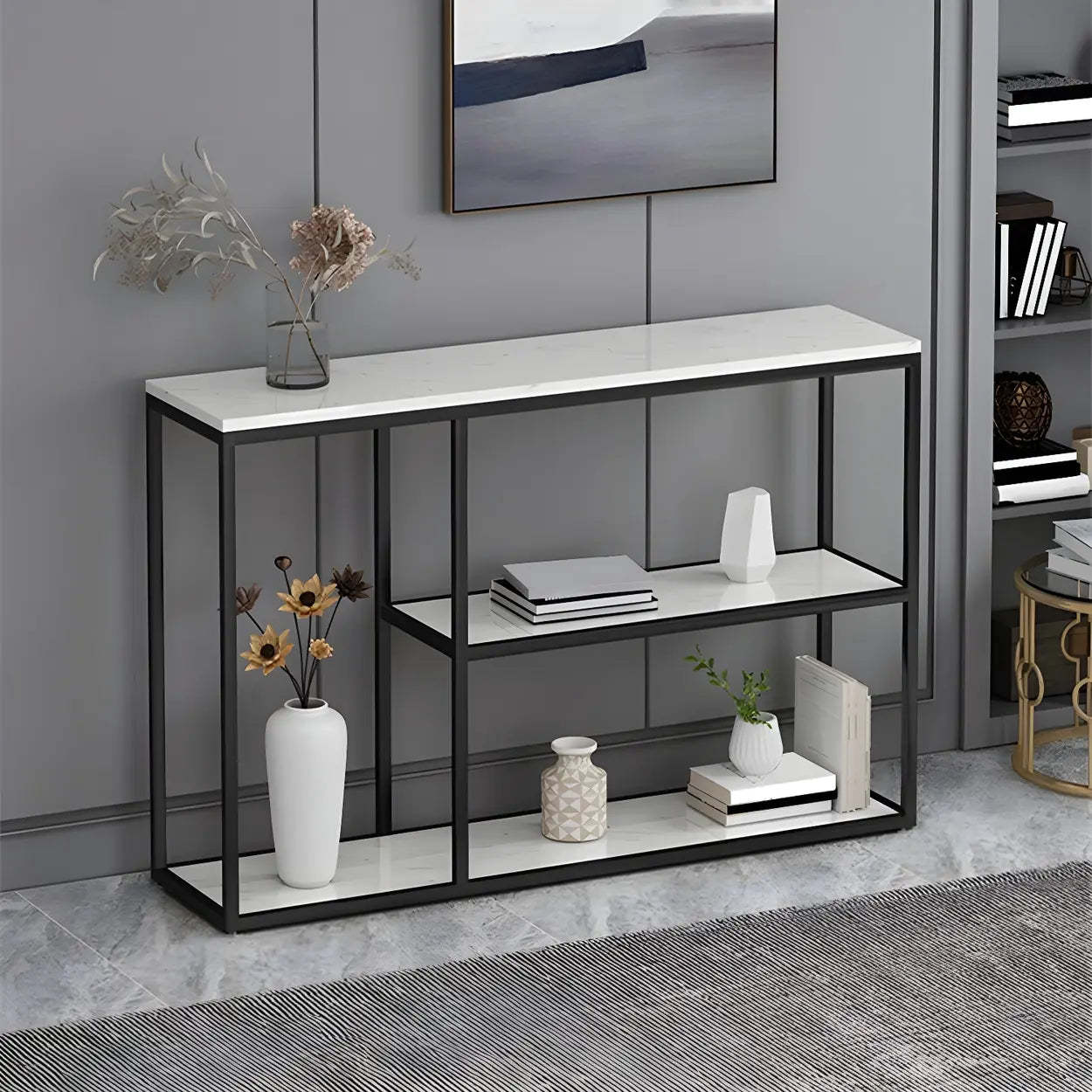 Rectangular Gold Marble Slim Console Table — Black / White
