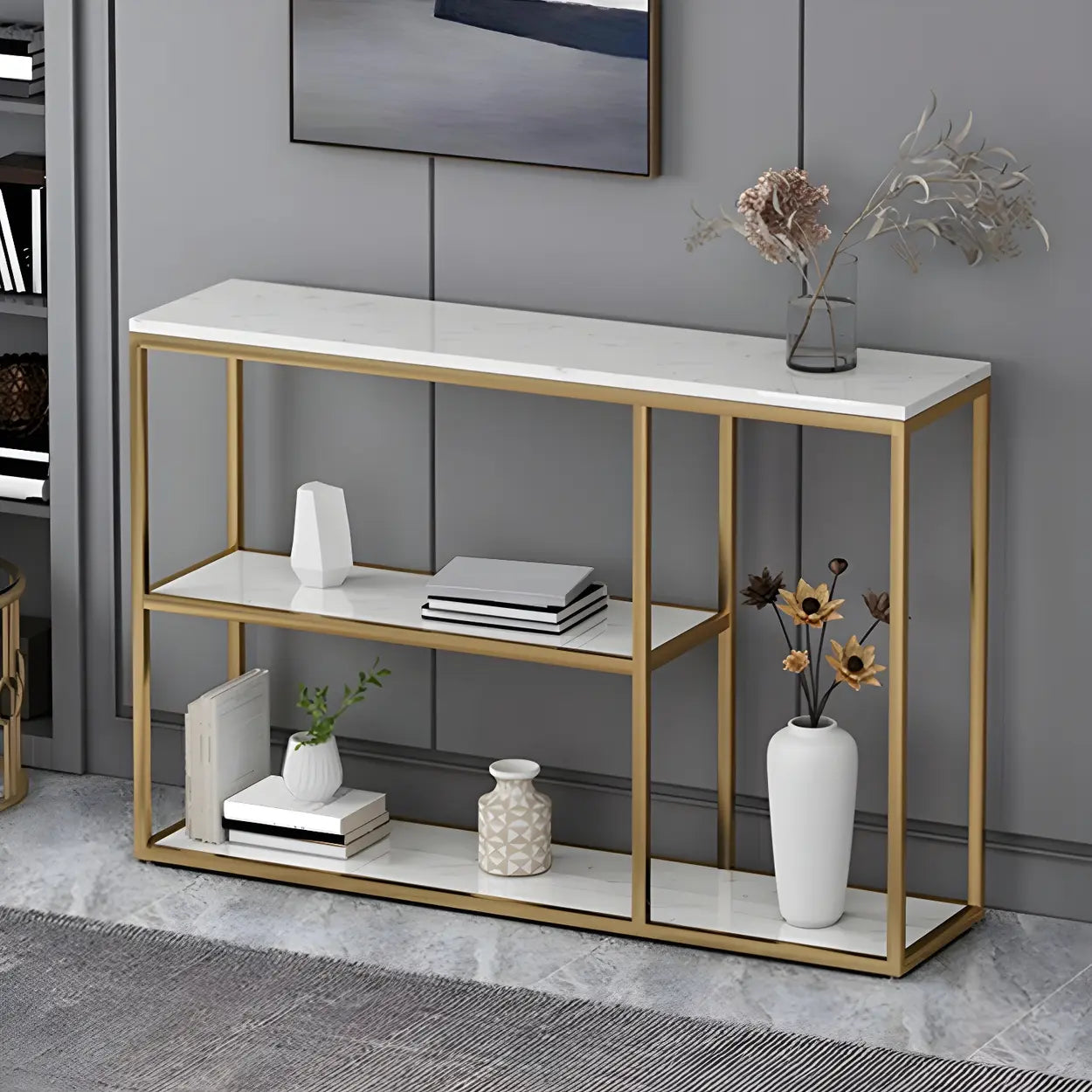 Rectangular Gold Marble Slim Console Table — Gold / Black