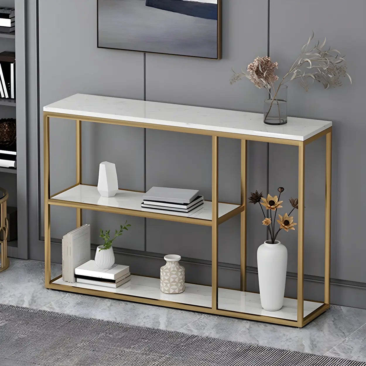 Rectangular Gold Marble Slim Console Table — Gold / Black