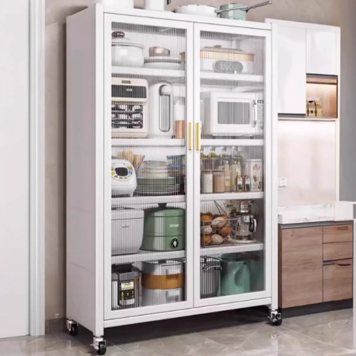White Metal Rectangular Kitchen China Cabinet