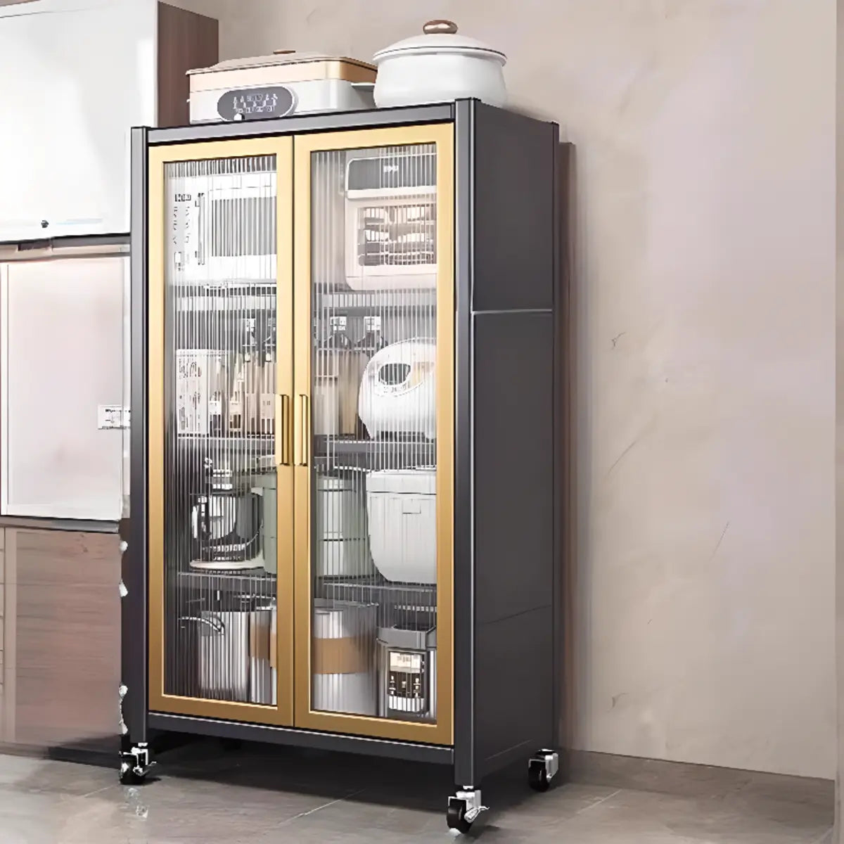 White Metal Rectangular Kitchen China Cabinet — White