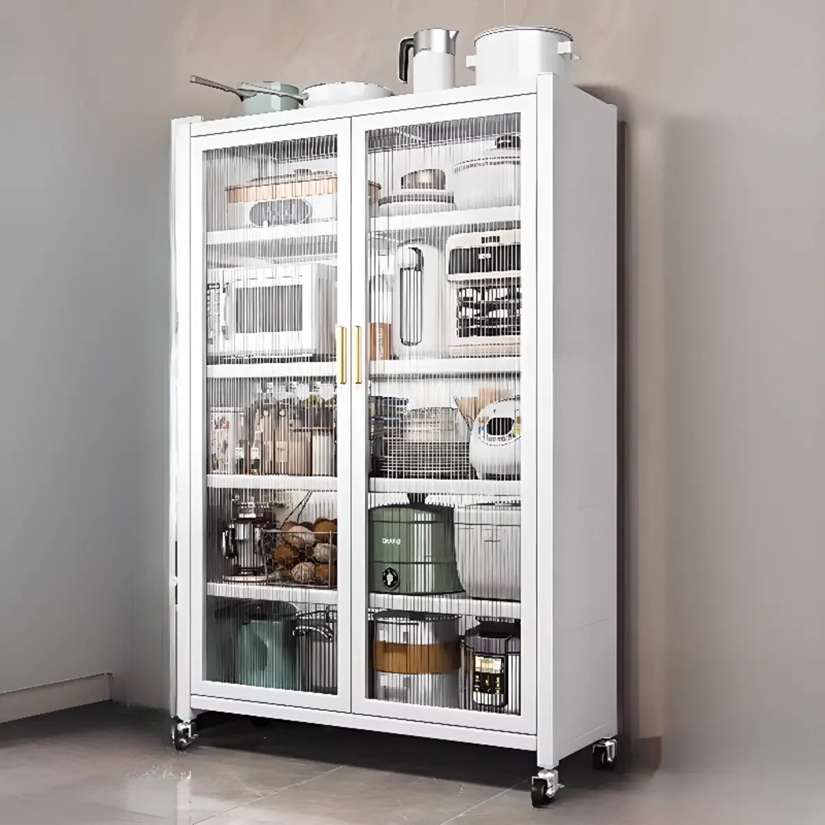 White Metal Rectangular Kitchen China Cabinet — White