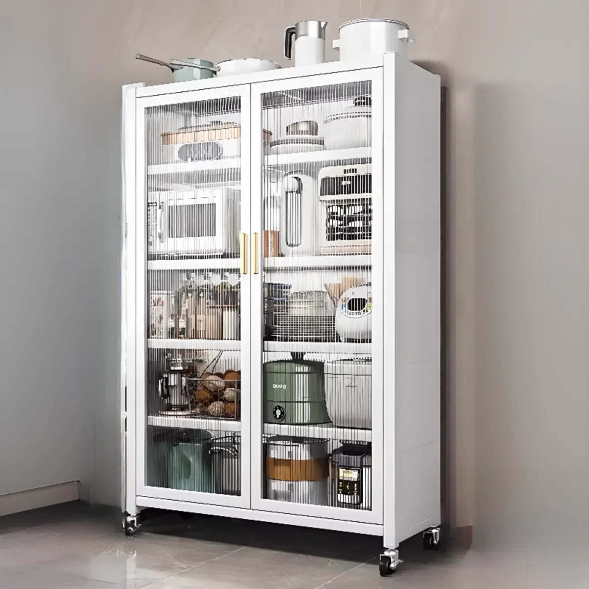 White Metal Rectangular Kitchen China Cabinet — White