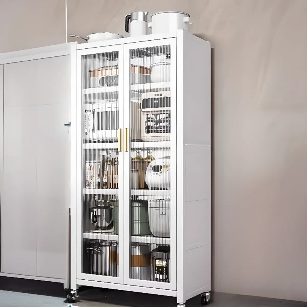 White Metal Rectangular Kitchen China Cabinet — White-Gold