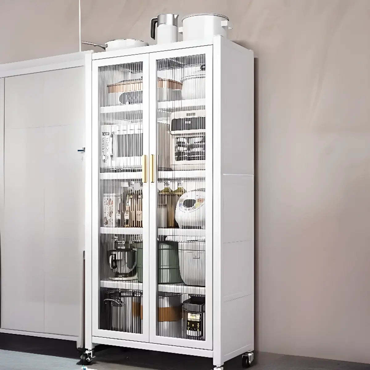 White Metal Rectangular Kitchen China Cabinet — White-Gold