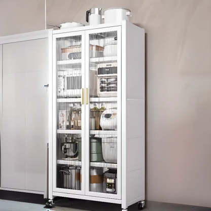 White Metal Rectangular Kitchen China Cabinet — White-Gold