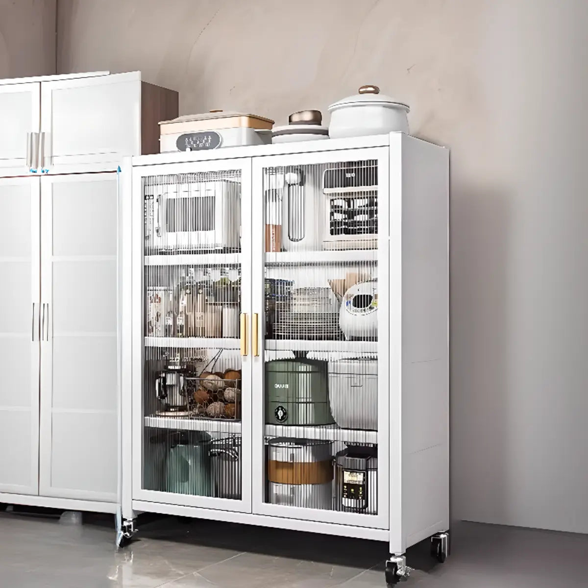 White Metal Rectangular Kitchen China Cabinet — White
