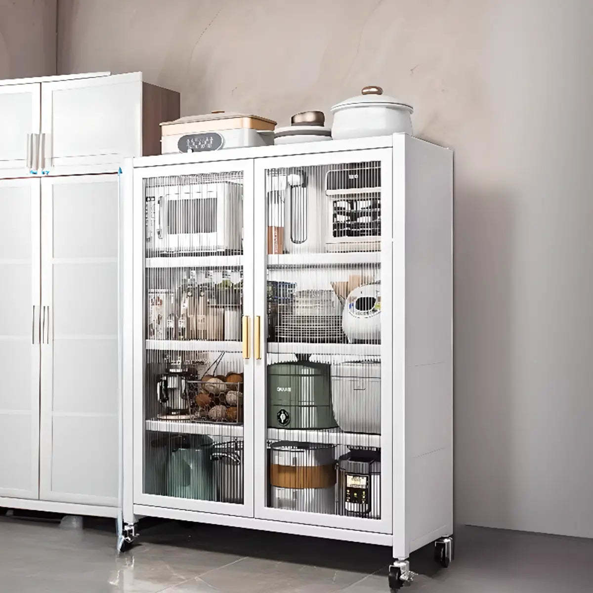White Metal Rectangular Kitchen China Cabinet — White