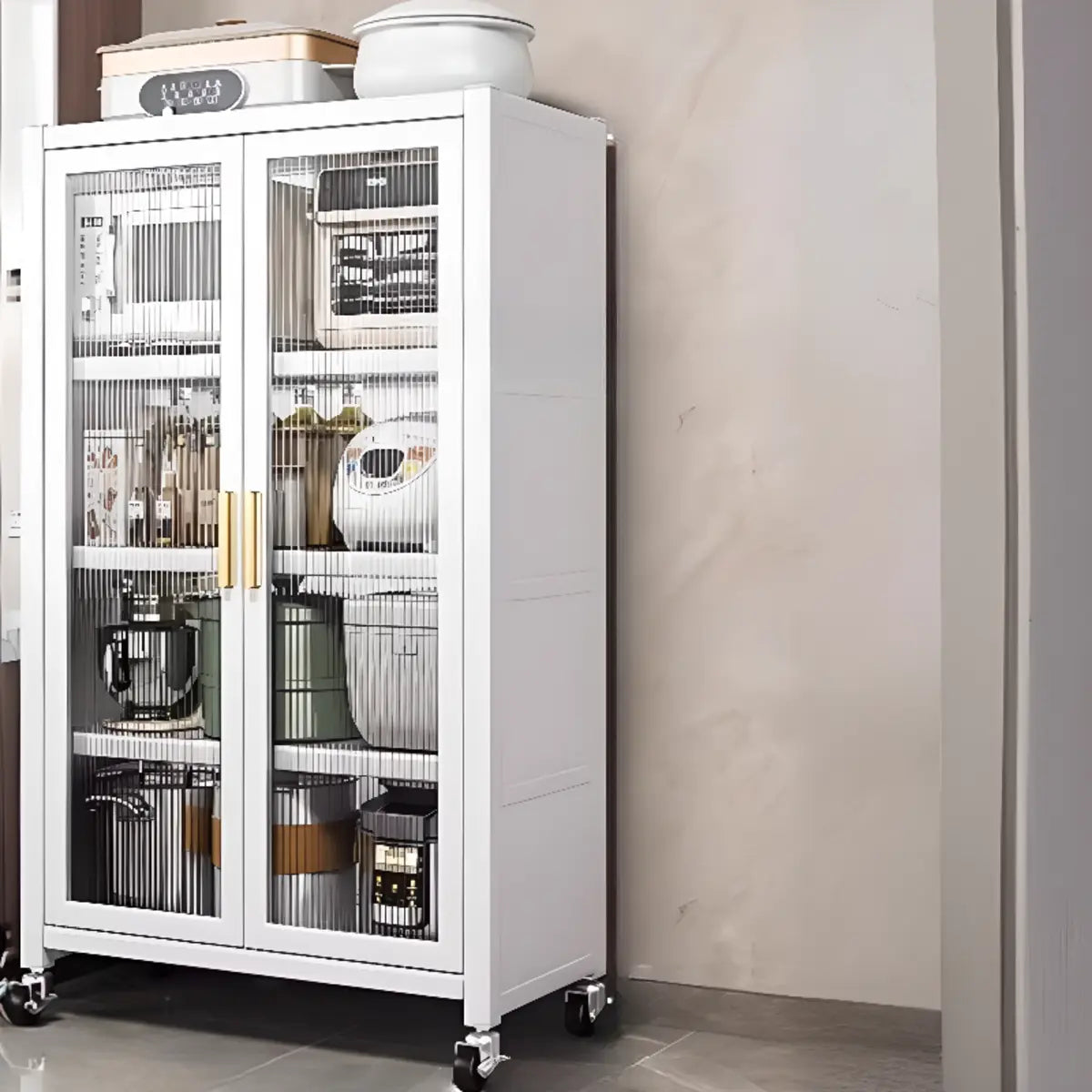 White Metal Rectangular Kitchen China Cabinet — Grey