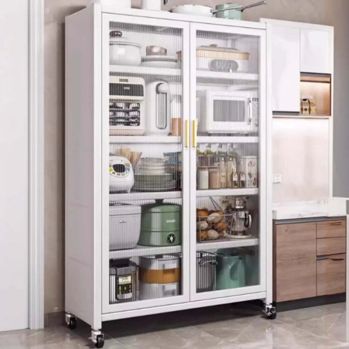 White Metal Rectangular Kitchen China Cabinet — Gray-Gold