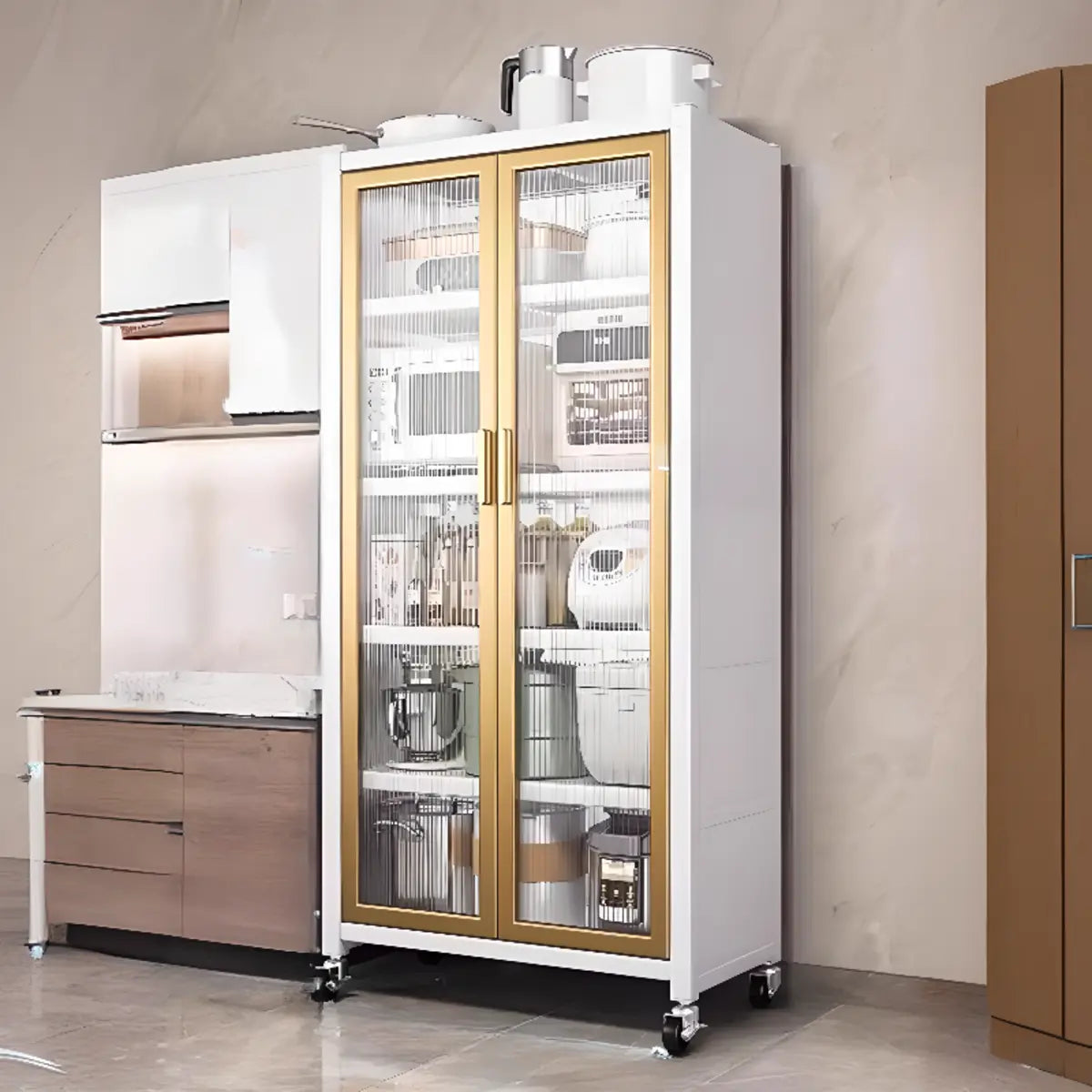 White Metal Rectangular Kitchen China Cabinet — Grey