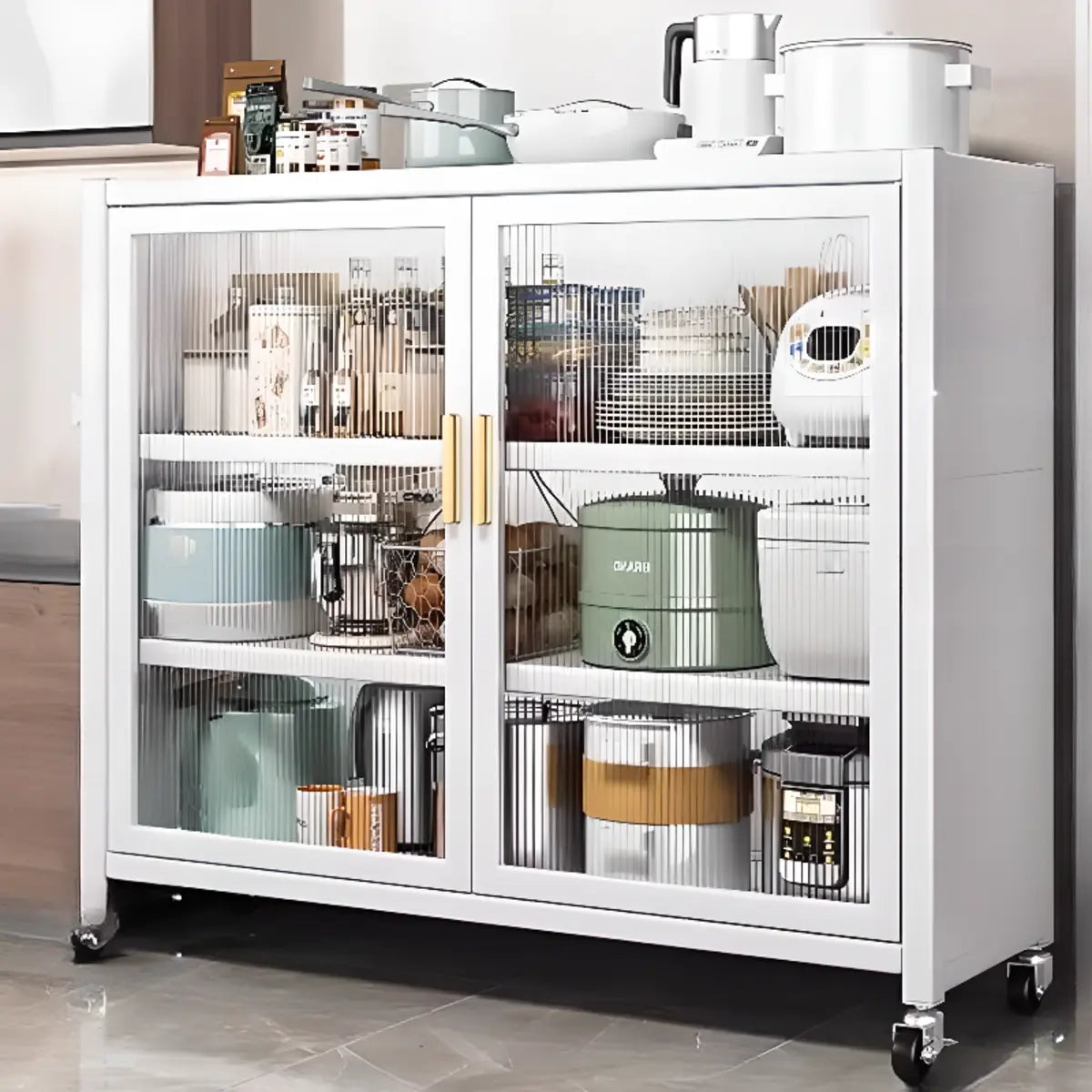 White Metal Rectangular Kitchen China Cabinet — White