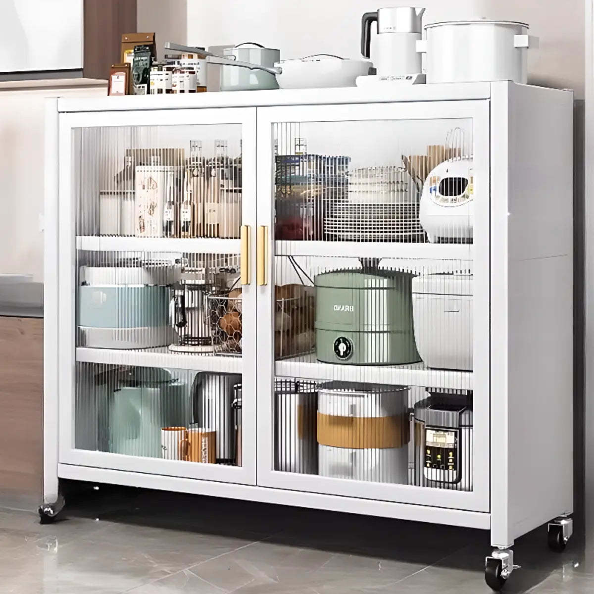 White Metal Rectangular Kitchen China Cabinet — White