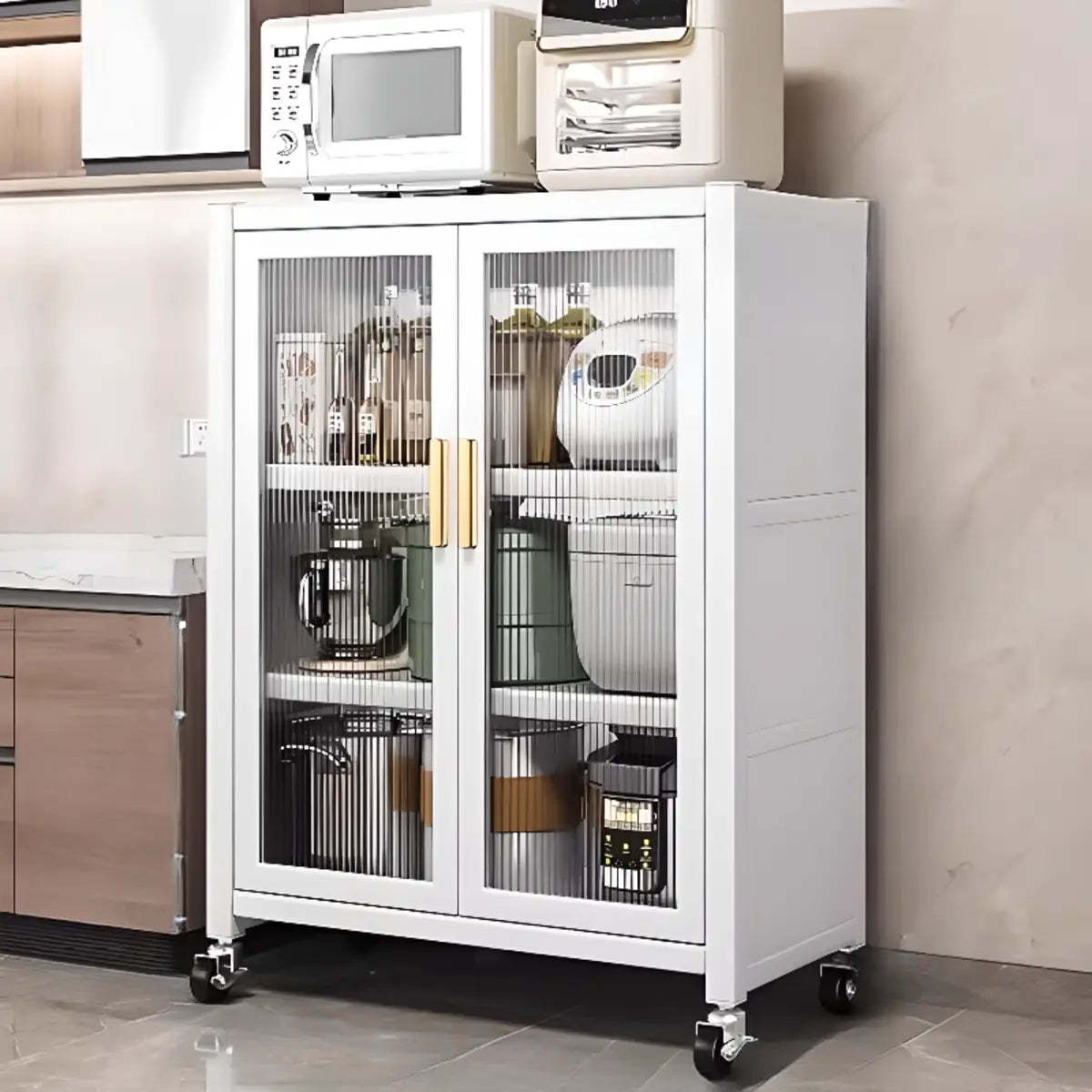 White Metal Rectangular Kitchen China Cabinet — White