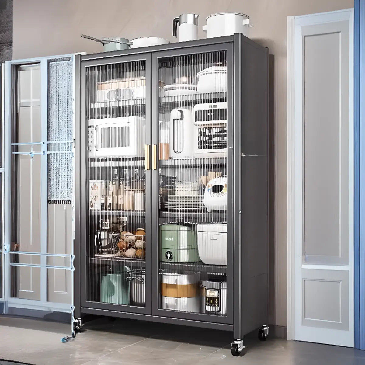 White Metal Rectangular Kitchen China Cabinet — White