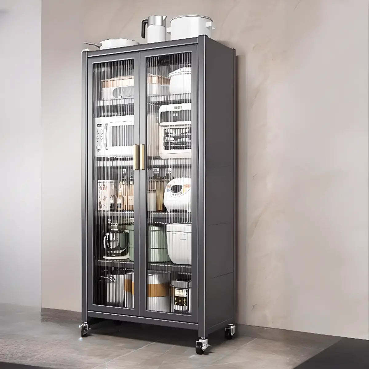White Metal Rectangular Kitchen China Cabinet — Grey