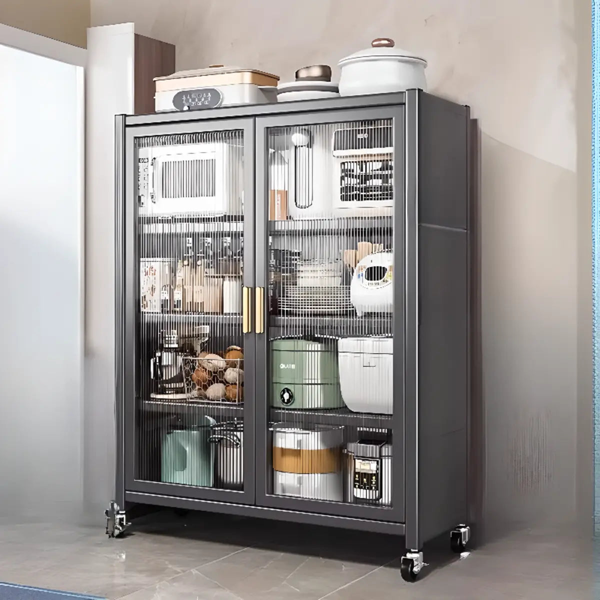 White Metal Rectangular Kitchen China Cabinet