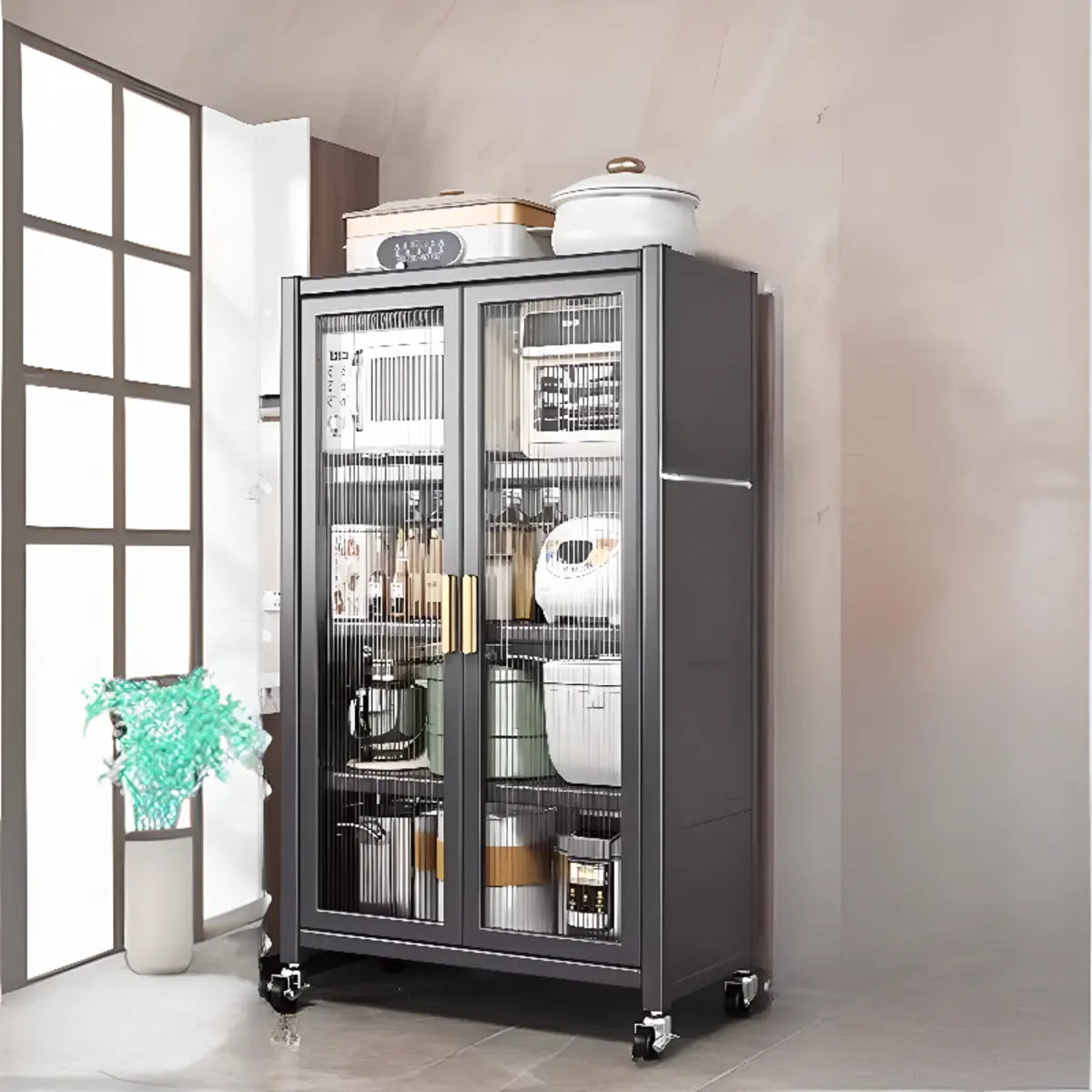 White Metal Rectangular Kitchen China Cabinet