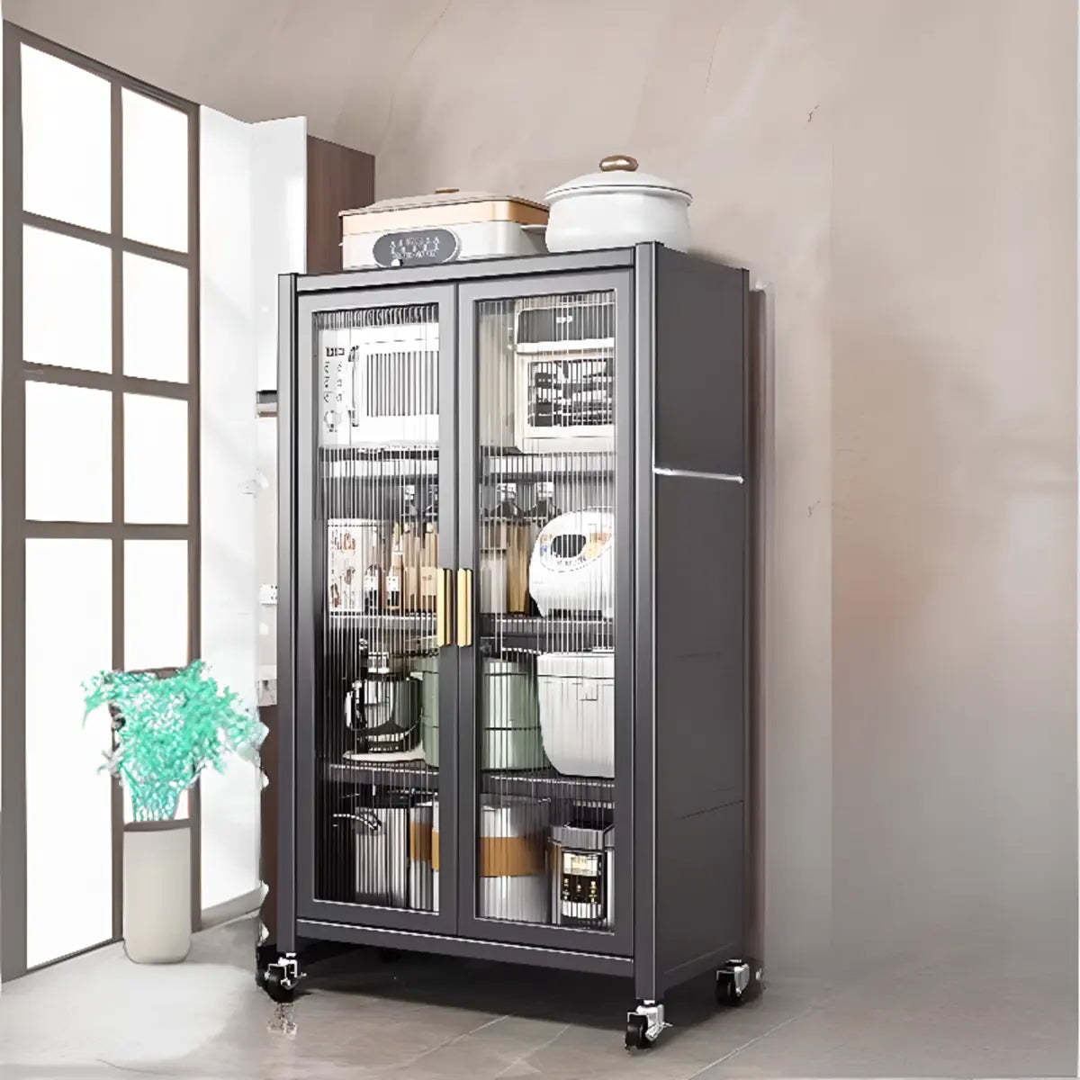 White Metal Rectangular Kitchen China Cabinet
