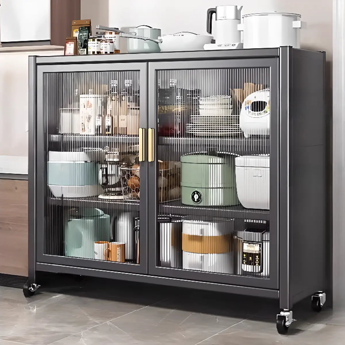 White Metal Rectangular Kitchen China Cabinet