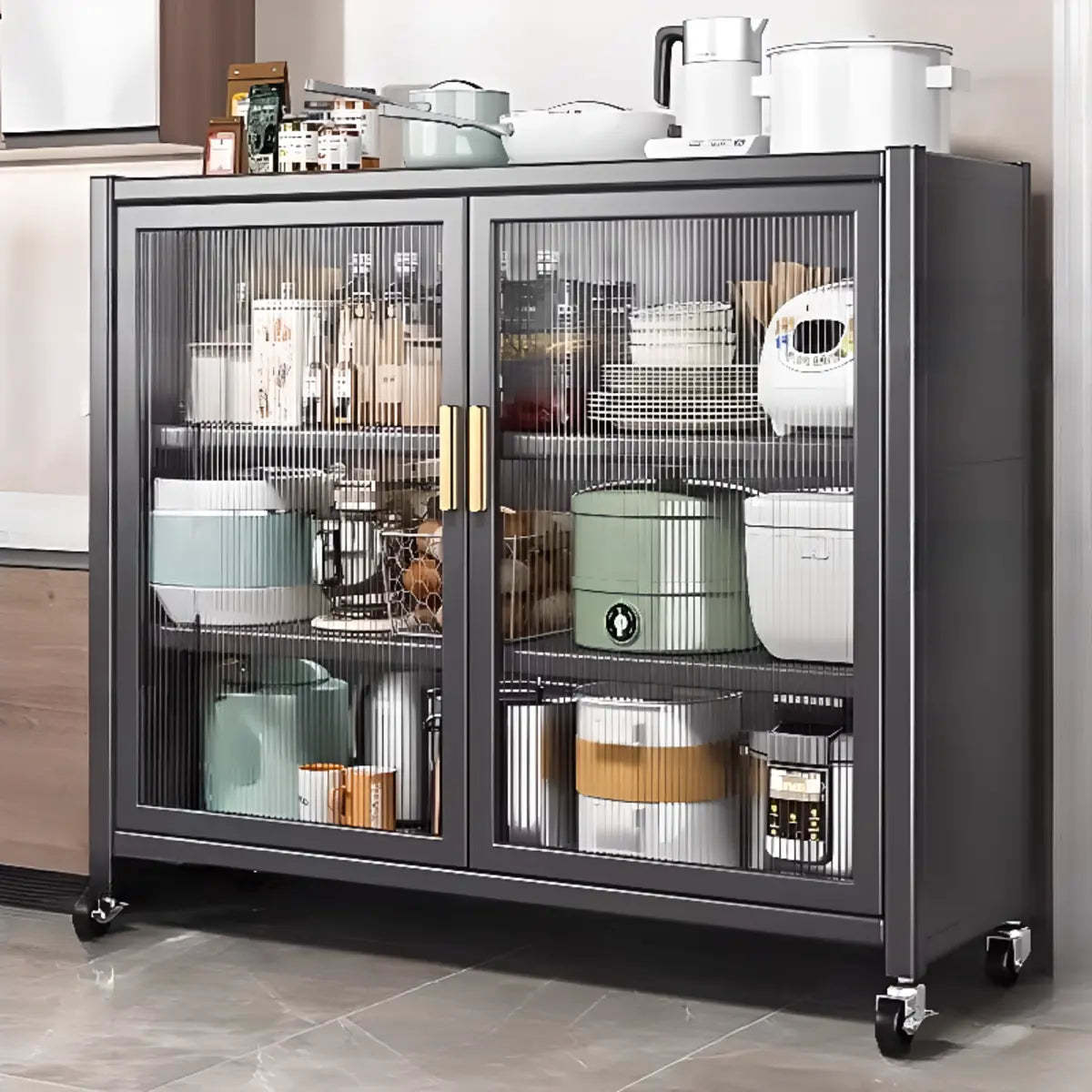 White Metal Rectangular Kitchen China Cabinet