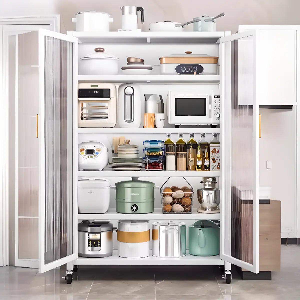 White Metal Rectangular Kitchen China Cabinet — White