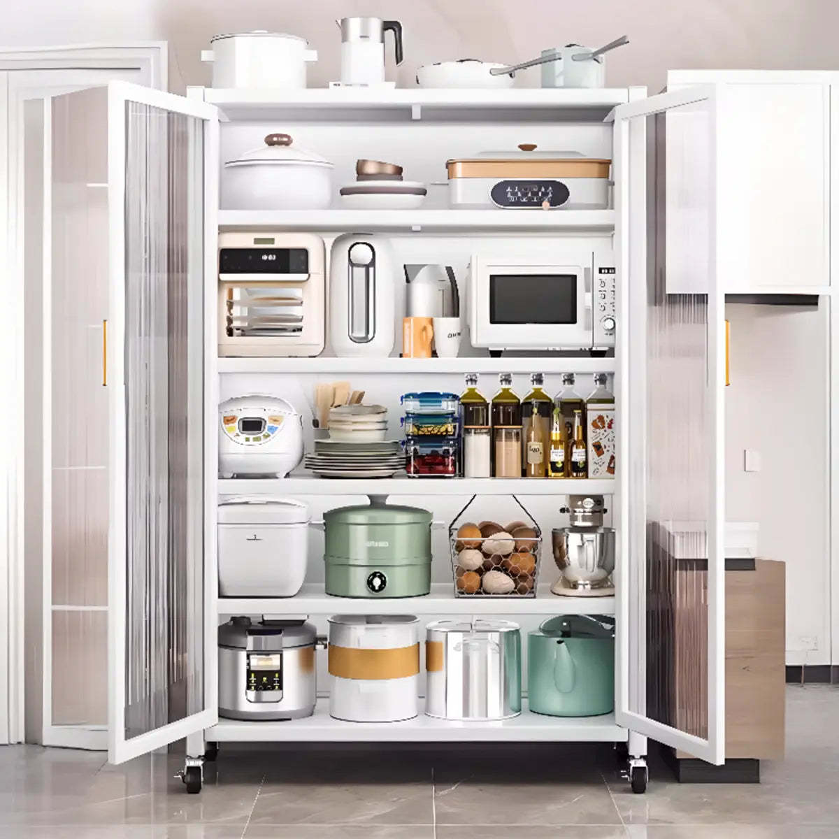White Metal Rectangular Kitchen China Cabinet — White