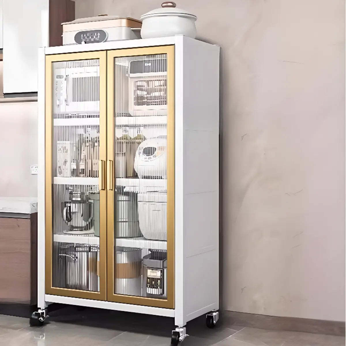 White Metal Rectangular Kitchen China Cabinet — White-Gold