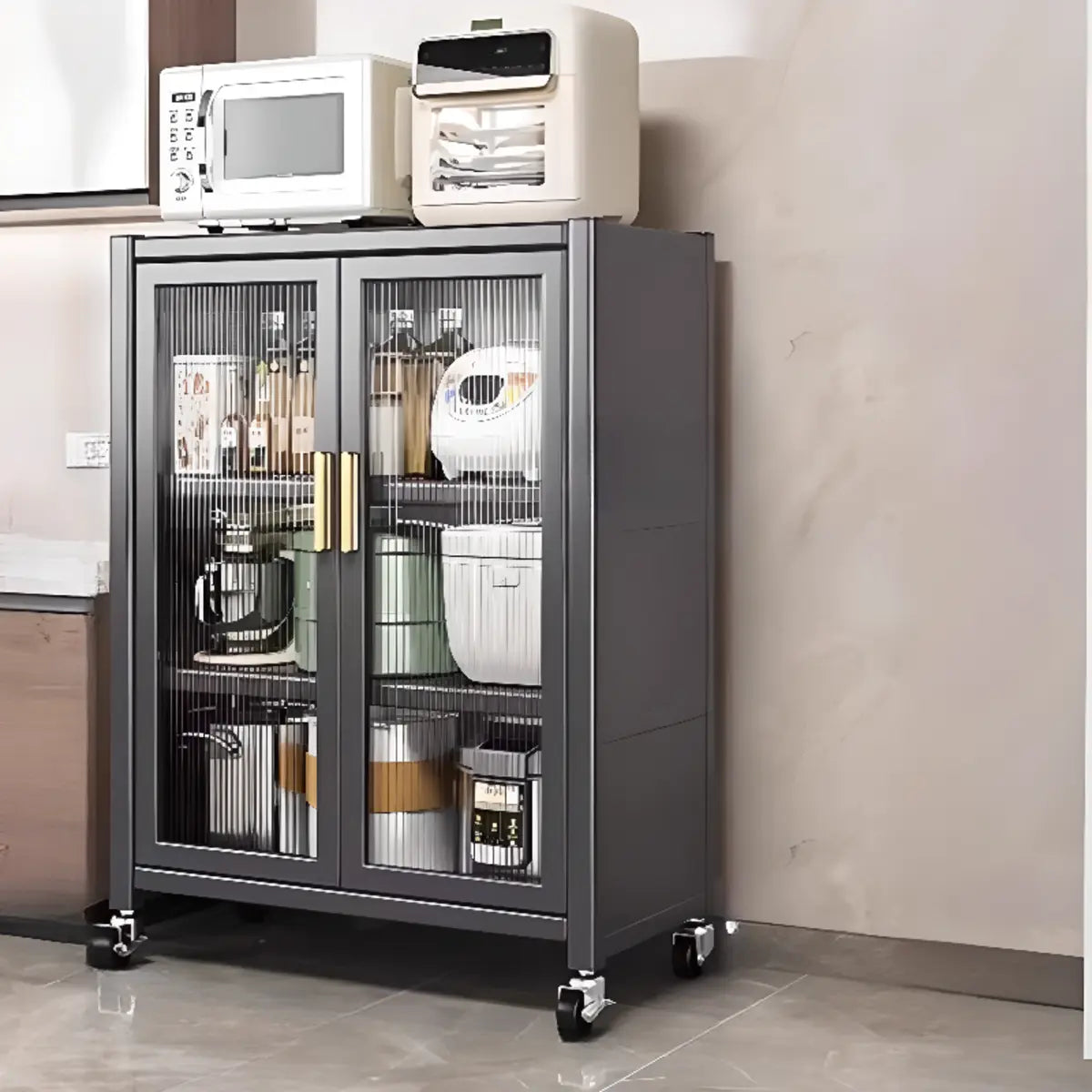 White Metal Rectangular Kitchen China Cabinet — Gray-Gold