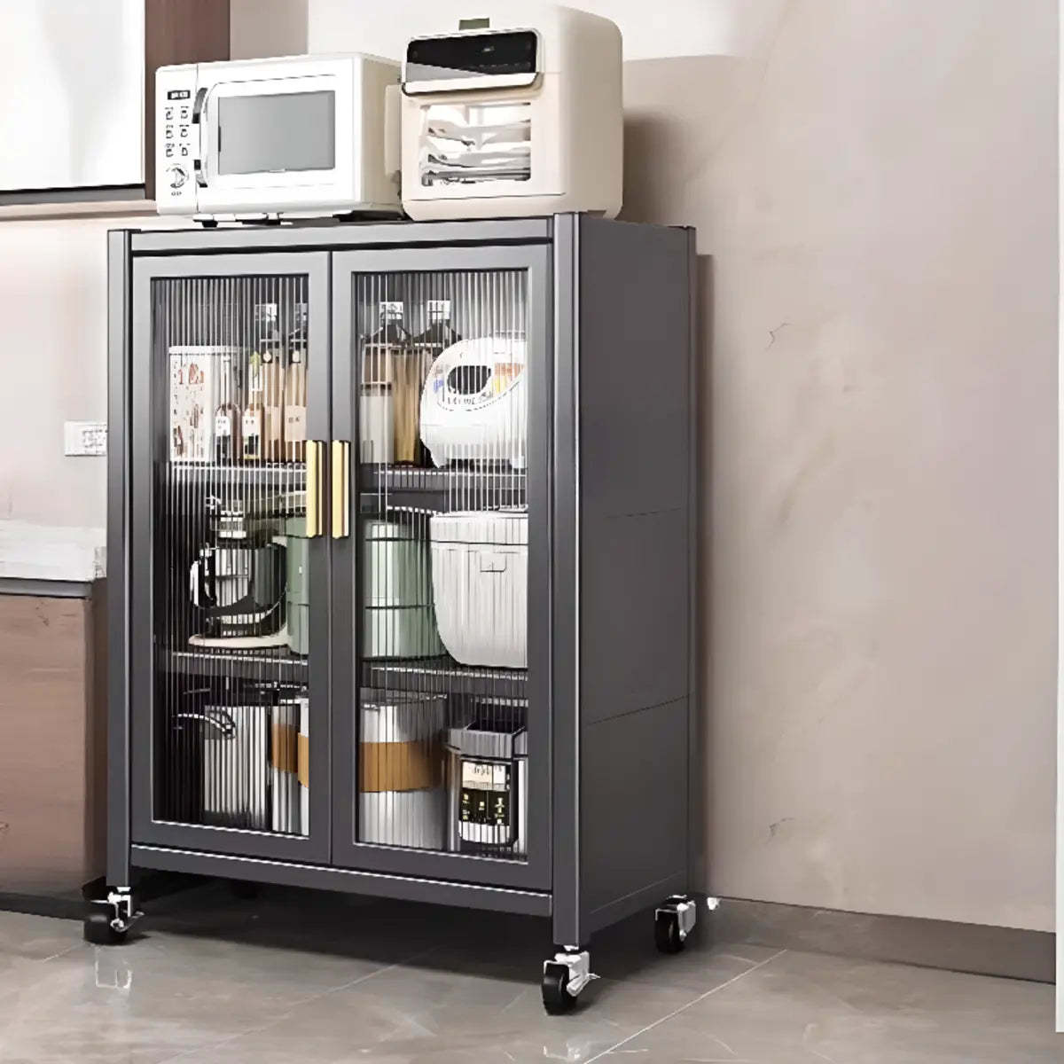 White Metal Rectangular Kitchen China Cabinet — Gray-Gold