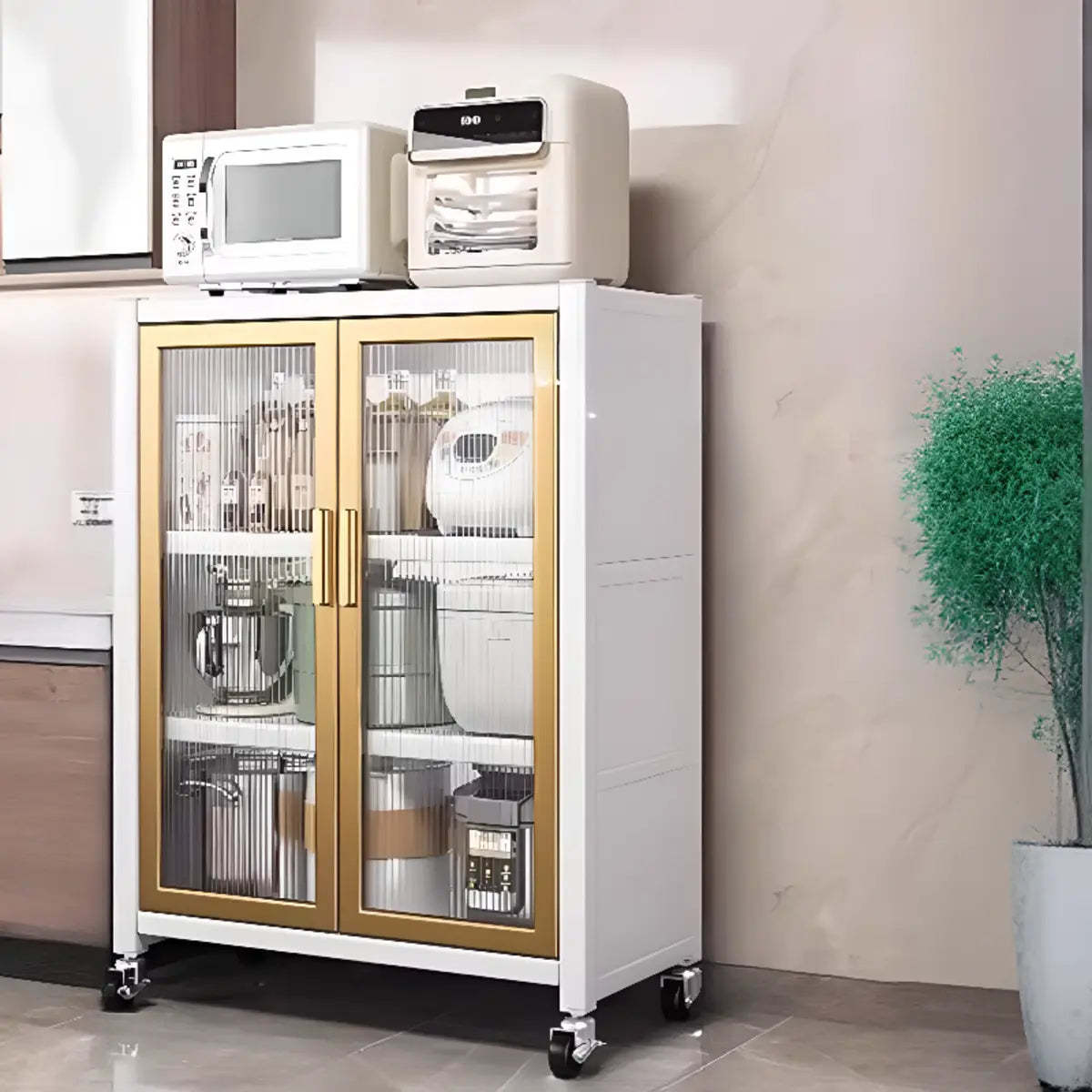 White Metal Rectangular Kitchen China Cabinet — White-Gold