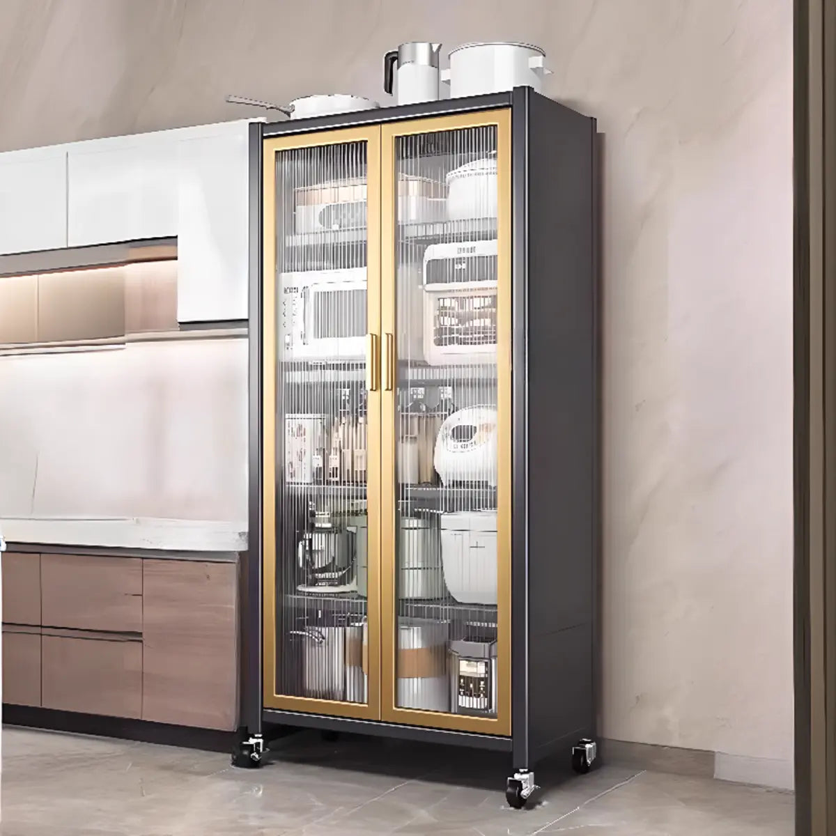 White Metal Rectangular Kitchen China Cabinet — Gray-Gold