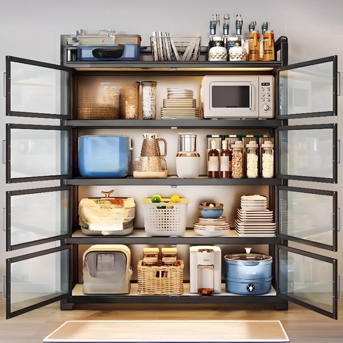 Metal Rectangular Large Storage China Cabinet — Black