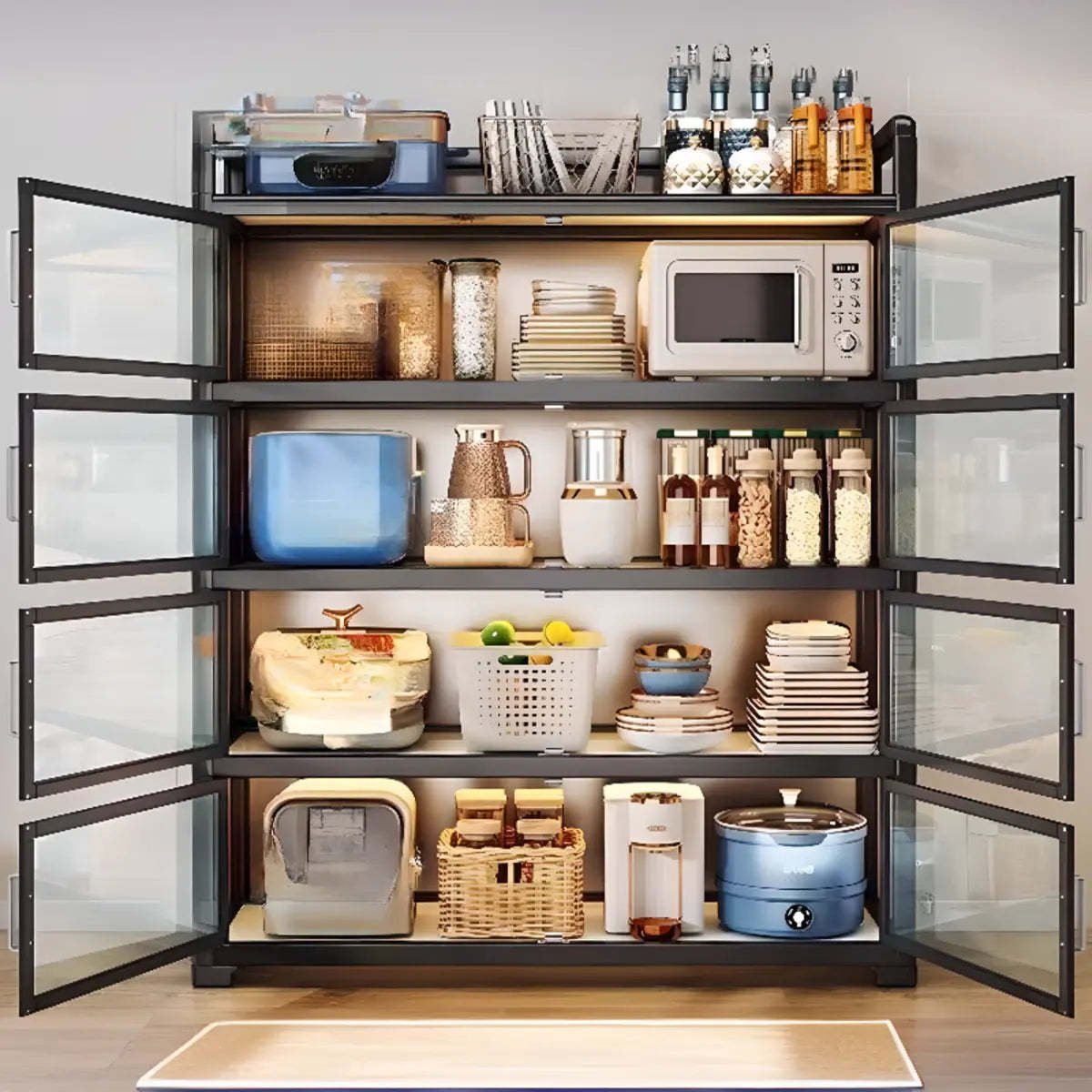 Metal Rectangular Large Storage China Cabinet — Black