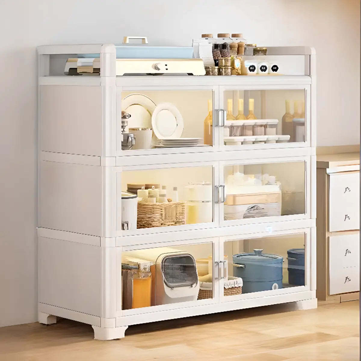 Metal Rectangular Large Storage China Cabinet — White