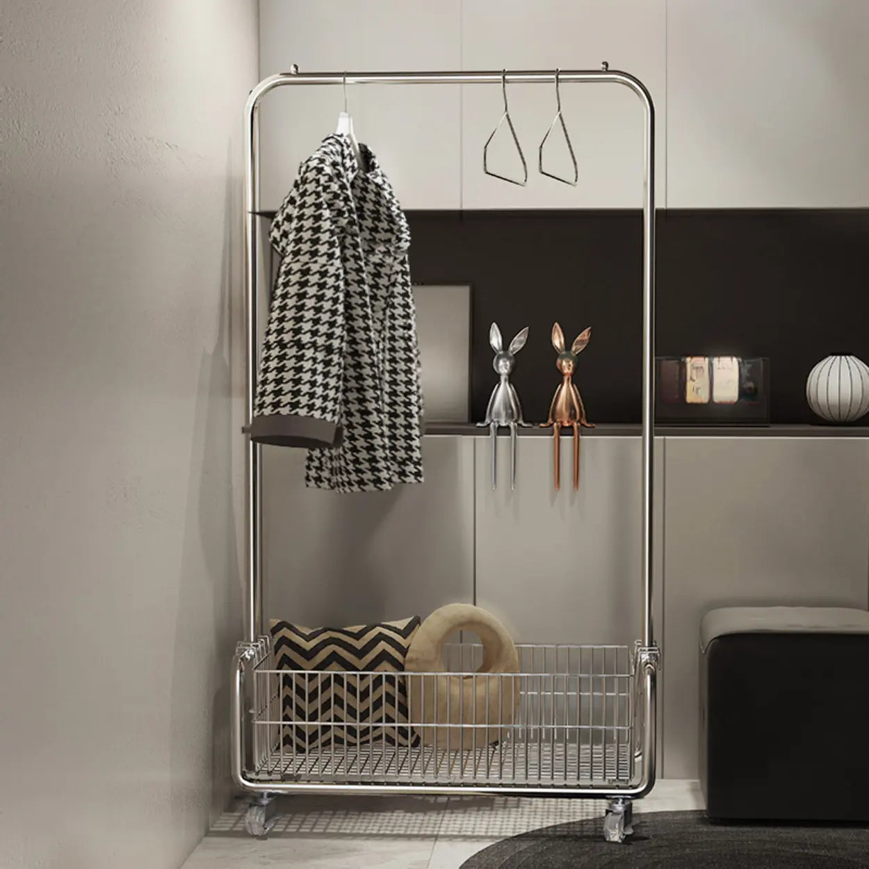 Silver Metal Rectangular Coat Rack with Basket