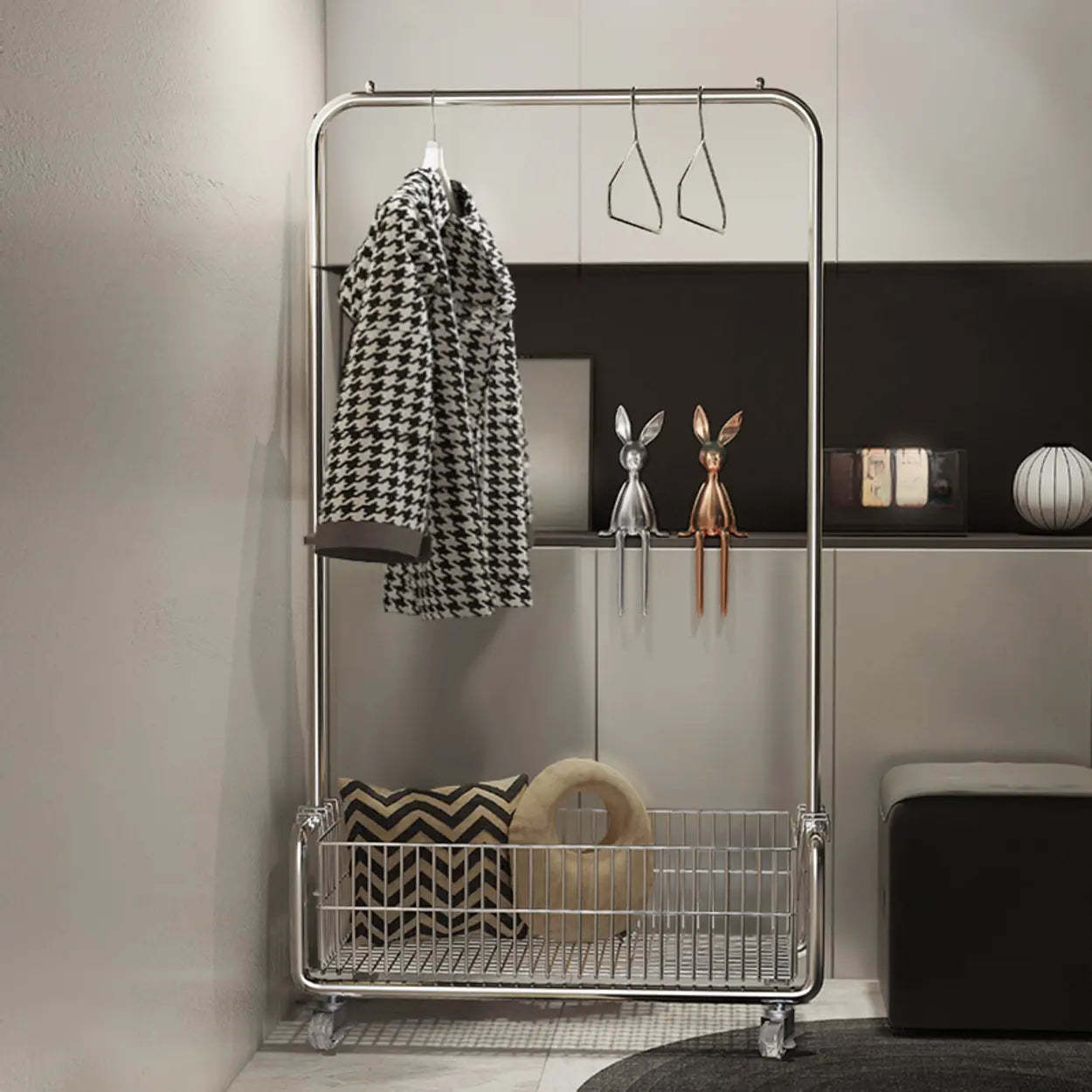 Silver Metal Rectangular Coat Rack with Basket