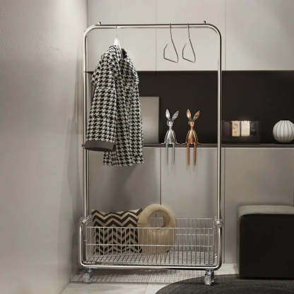 Silver Metal Rectangular Coat Rack with Basket