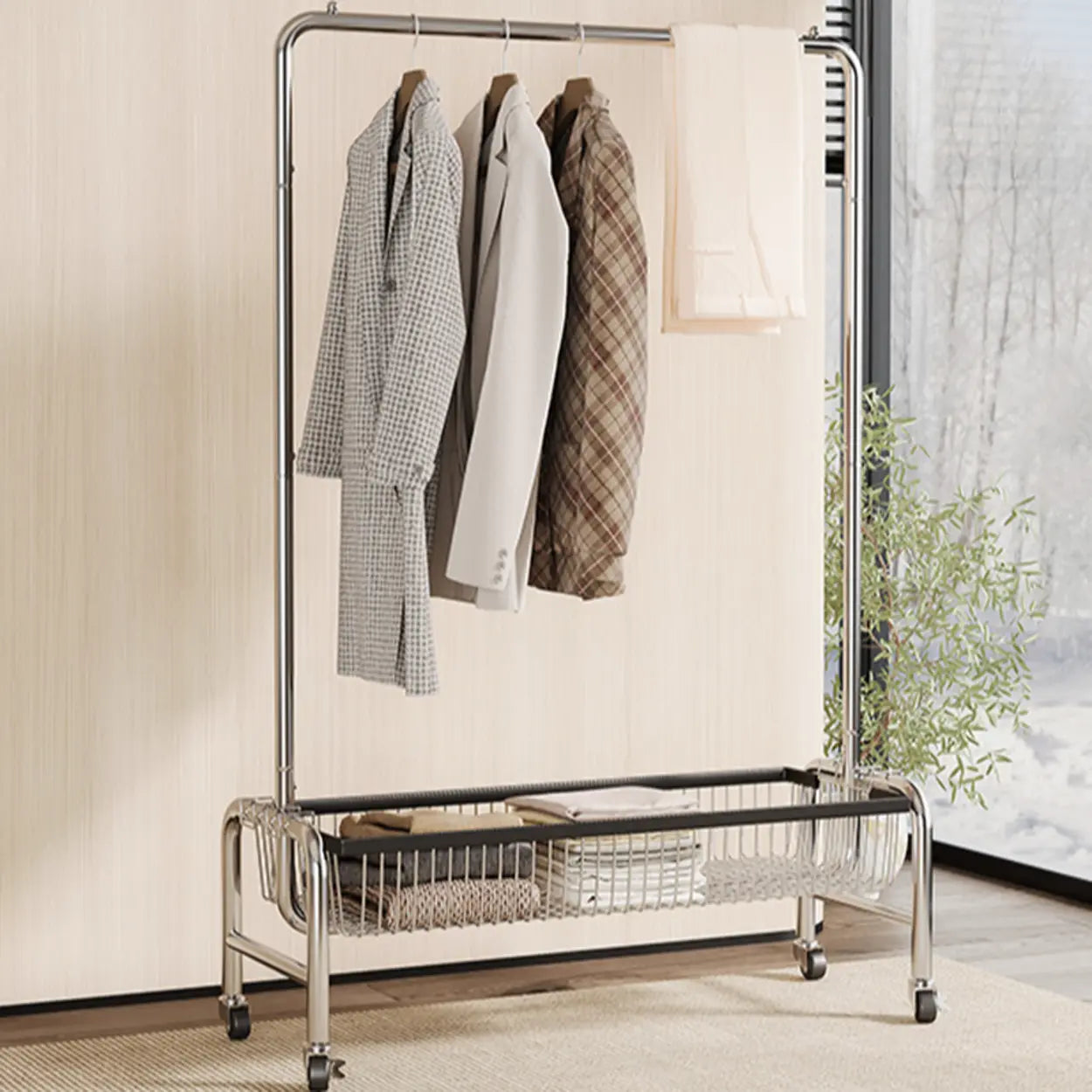 Silver Metal Rectangular Coat Rack with Basket