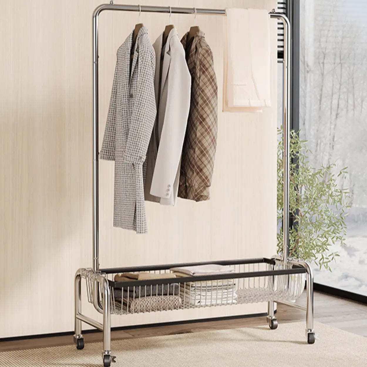 Silver Metal Rectangular Coat Rack with Basket