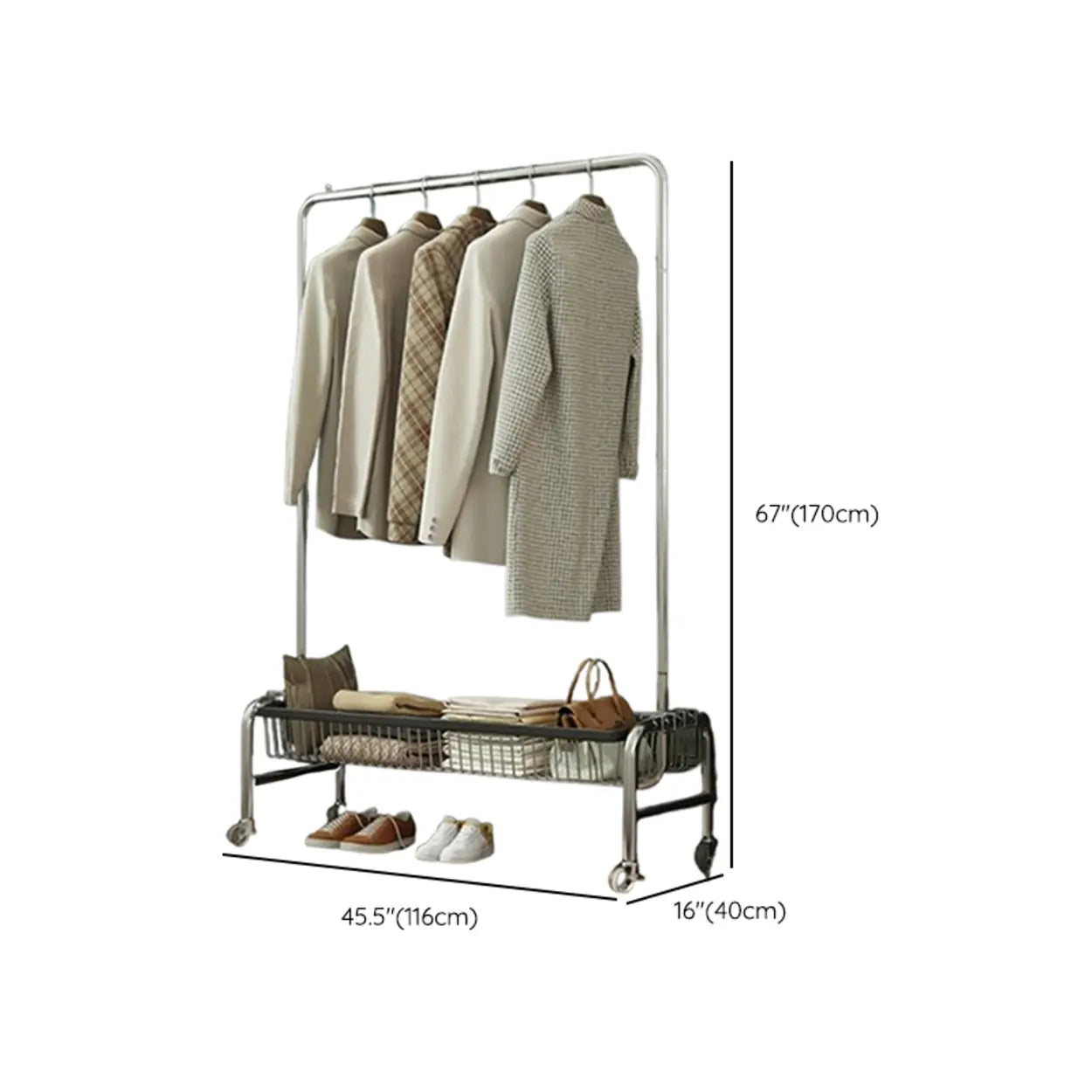 Silver Metal Rectangular Coat Rack with Basket