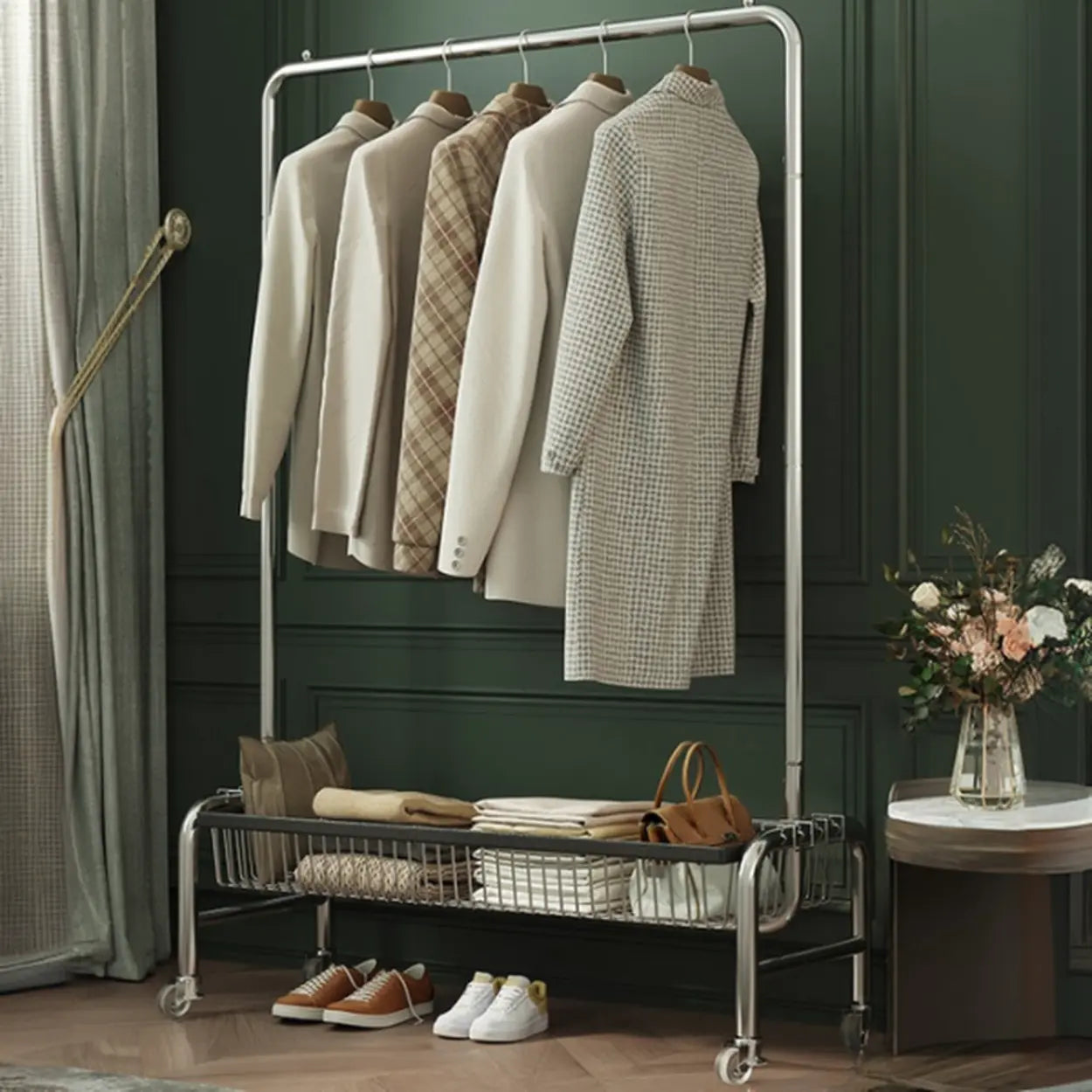 Silver Metal Rectangular Coat Rack with Basket