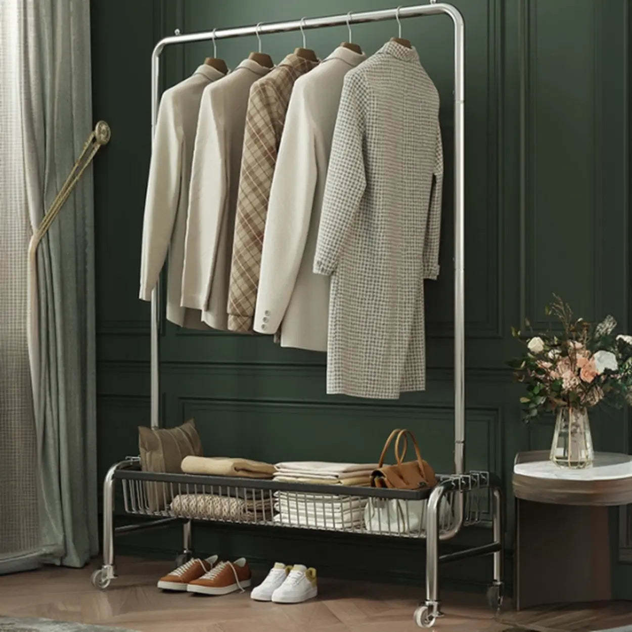 Silver Metal Rectangular Coat Rack with Basket