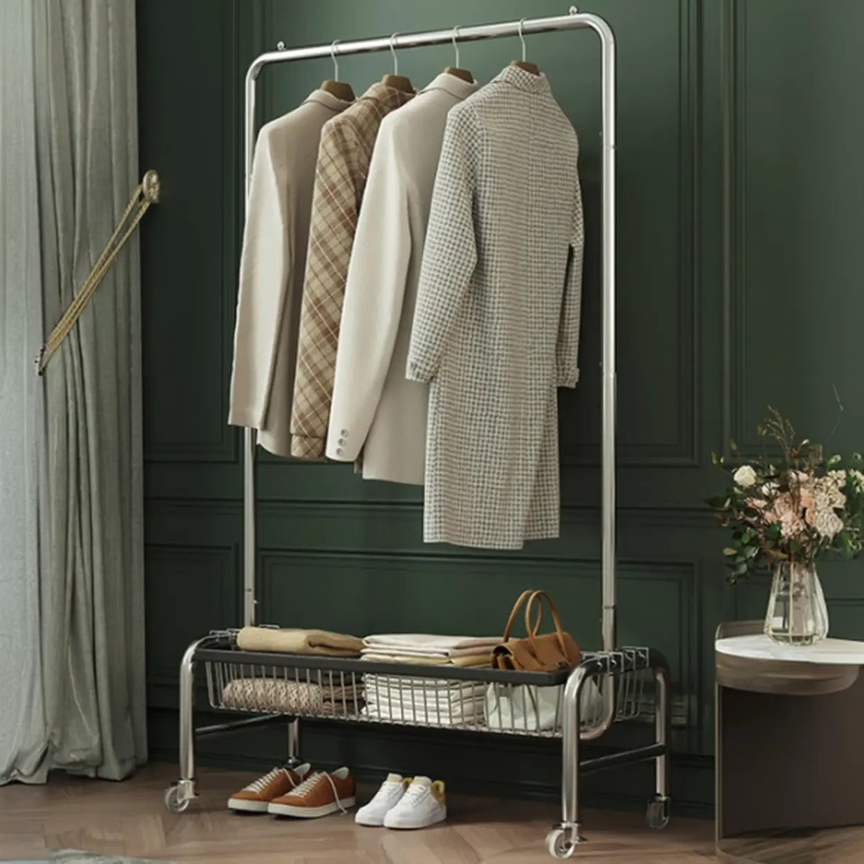 Silver Metal Rectangular Coat Rack with Basket